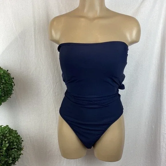 J Crew Navy Blue Strapless Bandeau 1 Piece Swim Bathing Suit 12 NEW - Picture 2 of 9